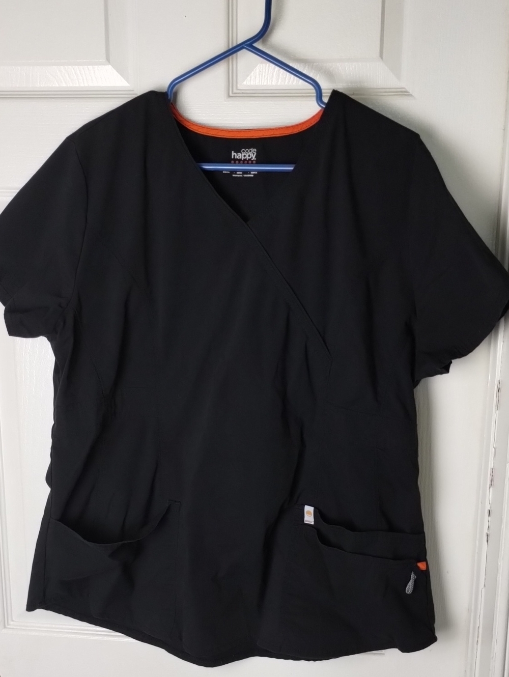 Happy Scrubs Women's Black V-Neck Medical Top with Orange Trim. XL